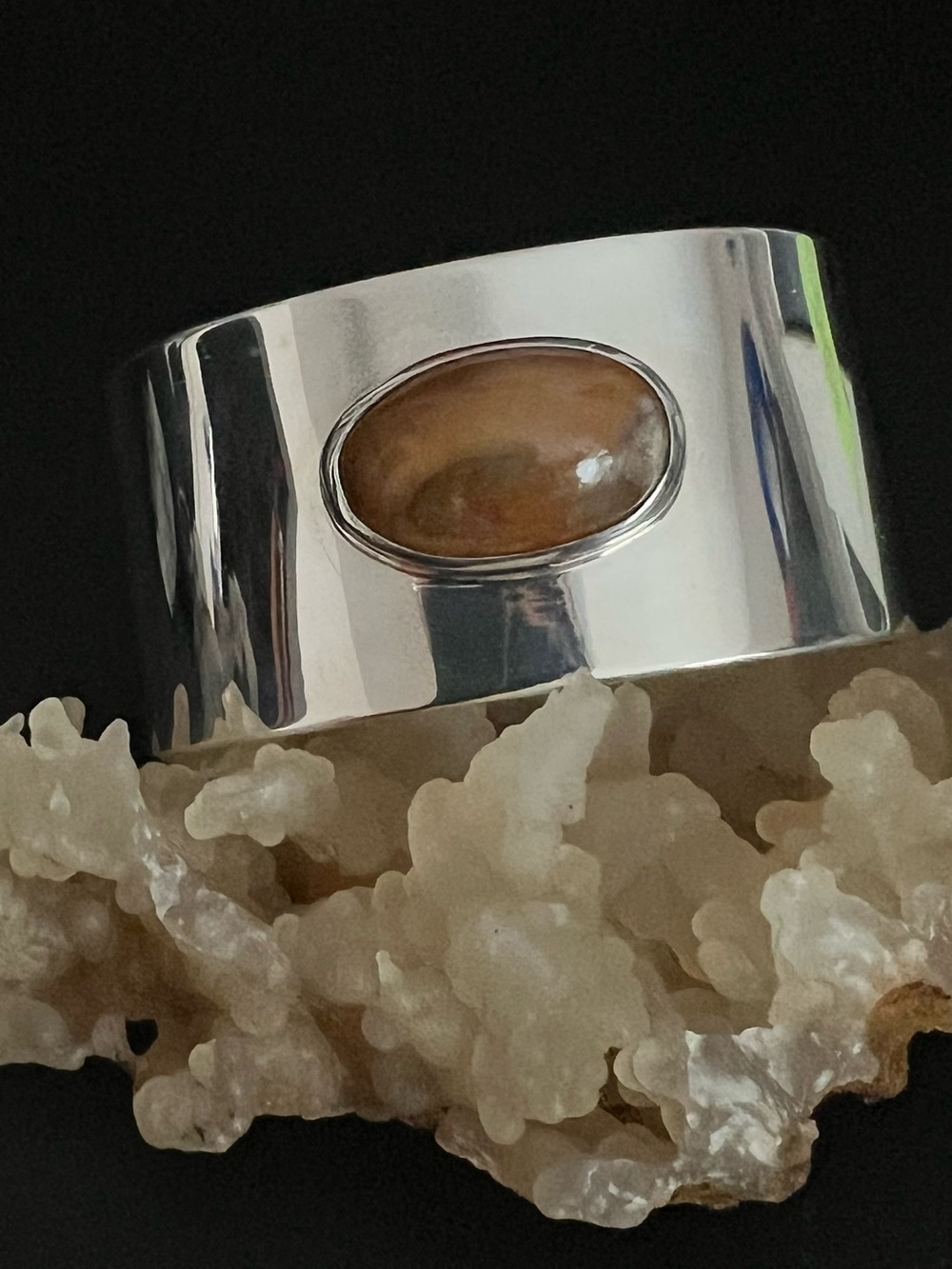 Sterling Silver Cuff bracelet wide with agate Jasper Oval Stone